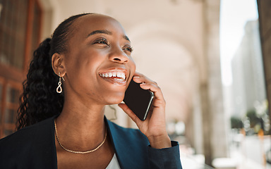 Image showing Thinking, talking and a black woman on a phone call, laughing and in communication in the city. Smile, idea and an African girl or employee speaking on a mobile for a chat, conversation or discussion