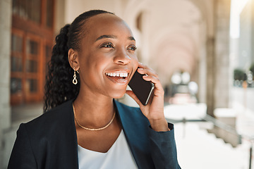 Image showing Happy, talking and a black woman on a phone call, thinking and in communication in the city. Smile, idea and an African girl or employee speaking on a mobile for a chat, conversation or discussion