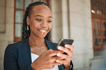 Image showing Phone, gps and a business black woman in the city, searching for directions or typing a message. Mobile, travel and commute with a young female employee looking for a location on a navigation app