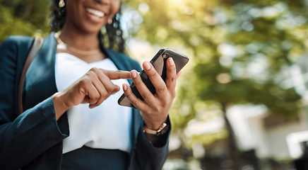 Image showing Typing, hand and a woman with phone in city for communication, social media and an email. Smile, contact and an employee with a search, chat or reading a notification on a mobile app with mockup