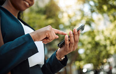 Image showing Reading, hand and a black woman with phone in city for communication, social media and an email. Smile, contact and an African employee with a search, chat or notification on a mobile app with mockup