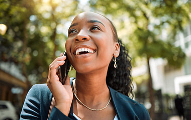 Image showing Happy, thinking and a black woman on a phone call in the city for communication, networking and chat. Smile, ideas and an African employee speaking on a mobile in town for work, planning or contact