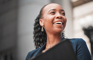 Image showing Face, happy black woman or lawyer thinking with smile, education or empowerment working in a law firm. Court, constitution or proud African attorney with knowledge, ideas or vision for legal agency