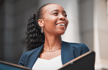 Image showing Book, happy black woman or lawyer thinking with smile, research or empowerment working in a law firm. Court, constitution or proud African attorney with knowledge, ideas or vision for legal agency