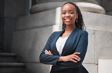 Image showing Arms crossed, lawyer or portrait of happy black woman with smile or confidence working in a law firm. Confidence, empowerment or proud African attorney with leadership or vision for legal agency