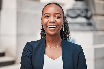 Image showing Laughing, lawyer or portrait of happy black woman with joy or confidence working in a law firm. Face, empowerment or proud African attorney with leadership, smile or vision by legal agency building