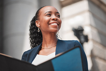 Image showing Book, happy woman or lawyer thinking with smile, education or constitution research by law firm or court Smile, empowerment or proud African attorney with knowledge, ideas or vision for legal agency