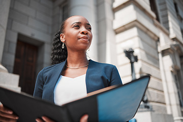 Image showing Book, black woman or lawyer thinking with education, empowerment or constitution research by law firm. Reading, studying or African attorney with knowledge, ideas or vision for legal agency by court