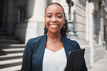 Image showing Happy black woman, lawyer and portrait smile in confidence for career ambition in the city. Face of African female person or business attorney in happiness or pride for job opportunity in urban town