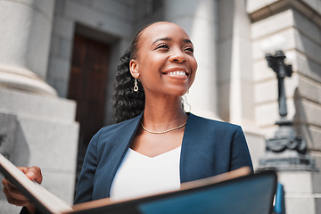 Image showing Book, black woman or happy lawyer with education, legislation or constitution research by law firm. Reading, studying or attorney thinking of knowledge, ideas or vision for legal agency by court