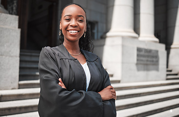 Image showing Arms crossed, black woman or portrait lawyer with confidence, empowerment or justice outside court. Happy, empowerment or proud African attorney with leadership, ideas or vision for legal agency