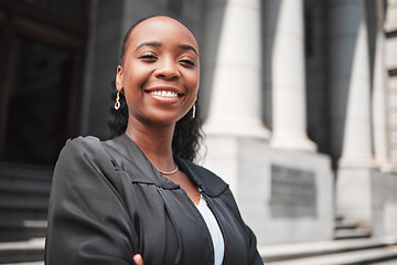 Image showing Happy, black woman or portrait lawyer with confidence, empowerment or justice outside court. Face, empowerment or proud African attorney with leadership, arms crossed or vision for legal agency