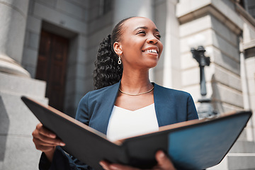 Image showing Book, black woman or lawyer thinking of education, legislation or constitution research by law firm. Reading, studying or happy attorney with knowledge, ideas or vision for legal agency by court