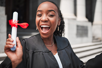 Image showing Excited, black woman and graduation, diploma and success with celebration, university education and event. Graduate, certificate and happy student person outdoor with future and academic achievement