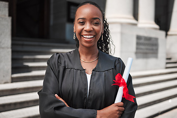 Image showing Portrait, black woman and graduation, diploma and celebration, university education with success and event. Graduate, certificate and happy student person outdoor with future and academic achievement