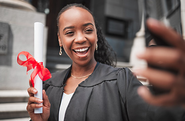 Image showing Selfie, black woman and graduation, diploma and memory with celebration, university education success and event. Graduate, student person smile in picture outdoor and future with academic achievement