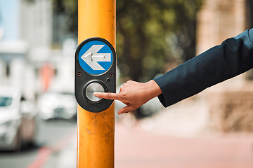 Image showing Woman, hands and arrow button on road in city for pedestrian crossing signal in safe travel outdoors. Female person touching sign, symbol or crosswalk by robot for safety on street in Cape Town