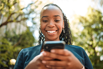 Image showing Smartphone, black woman typing outdoor with social media and chat online, communication and technology. Internet connection, text message or email with closeup, female person and mobile app in nature