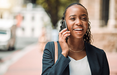 Image showing Phone call, city and business woman for communication, networking and career opportunity with outdoor travel. Sidewalk, urban and happy professional african person talking and chat on mobile voip