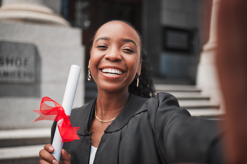 Image showing Selfie, black woman and graduation, certificate and celebration memory, university education success and event. Graduate, female person smile in picture outdoor with academic achievement and happy