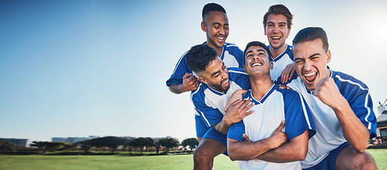 Image showing Sports, mockup and a team of soccer players in celebration on a field for success in a game. Football, fitness and motivation with man friends cheering as winners of a competition on a pitch together