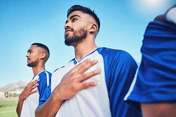 Image showing National anthem, soccer team and listening at stadium before competition, game or match. Football, song or sports players together for pride, collaboration or serious for contest, exercise or workout