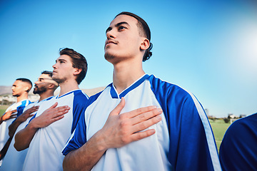 Image showing Soccer team, national anthem and listening at stadium with mockup space before competition, game or match. Football, song and sports group together for pride, collaboration and serious for contest.