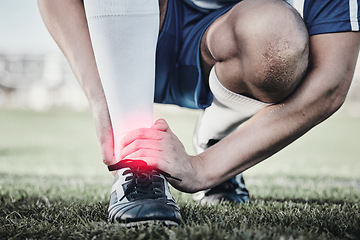 Image showing Accident, sports and hand of a man on foot pain, soccer emergency and injury while training. Fitness, problem and an athlete or football player with inflammation or a swollen muscle on the field