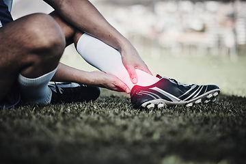 Image showing Injury, soccer and a man on a field with foot pain, training accident and medical emergency at a game. Inflammation, football and a male athlete with a leg or anatomy problem during sport on grass