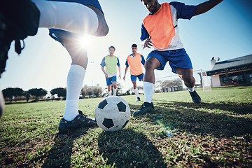 Image showing Football, men and exercise with a challenge, grass and health with workout goal, competition or energy. Male players, guys or athlete with teamwork, soccer or sports with wellness, field and training