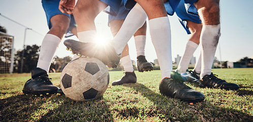 Image showing Football, fitness and men with exercise, action and grass field with health, workout goal and motion. Male players, guys and athlete with a challenge, soccer and sports with competition and wellness