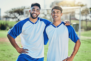 Image showing Football player, team and portrait of men together on a field for sports game and fitness. Happy male soccer or athlete friends excited for challenge, competition or motivation for training outdoor