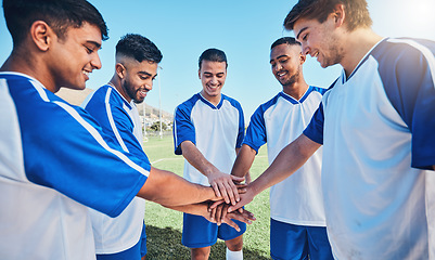 Image showing Fitness, circle and soccer team with their hands together for motivation, empowerment or unity. Sports, teamwork and group of athletes or football players in a huddle before game, match or tournament