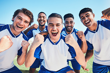 Image showing Soccer player, team portrait and celebration on field for winning, fist and together for training, goals or fitness. Athlete men, group and happy on pitch for exercise, football or success in contest