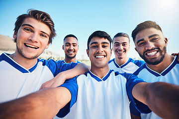 Image showing Soccer player men, team selfie and field for social media post, memory and smile with friends at training. Football group, happy and photography for profile picture, sports and diversity in sunshine