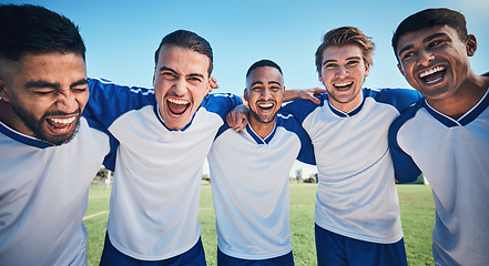 Image showing Football player, game and portrait of men together on a field for sports and fitness. Happy male soccer team or athlete group for challenge, competition or motivation for training outdoor on a pitch