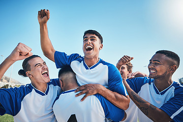 Image showing Football player, winner team and people winning in competition, game or sports goals, success and cheers. Yes, wow and excited group of young men with achievement and soccer celebration on blue sky