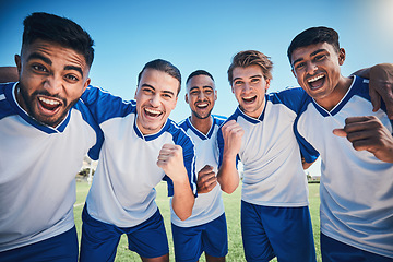 Image showing Portrait, men and soccer with team and success, play game with sports and fist pump on field. Energy, action and competition, male athlete group with football player cheers and excited outdoor