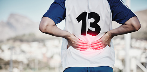 Image showing Back pain, red and hands of sports person or football player in graphic overlay for running or cardio injury outdoor. Workout, fitness and soccer people with training, spine risk or medical emergency