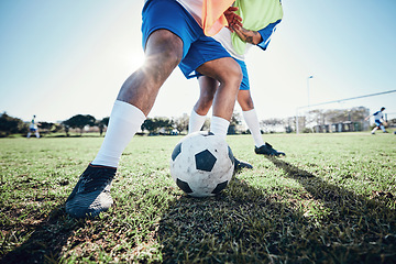 Image showing Football, challenge and men with action, grass and health with fitness, competition and motion. Male players, game and athlete with sports, soccer and workout goal with teamwork, speed and training