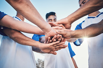 Image showing Soccer, hands together and teamwork, support and sports for training at stadium. Collaboration, group huddle and football players with motivation for exercise, workout goal or success in competition