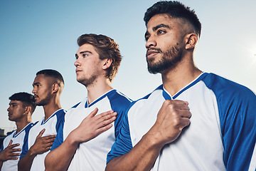 Image showing National anthem, football team and listening before competition, game or match. Soccer, song and sports players together with pride, group collaboration and serious for contest, exercise or workout