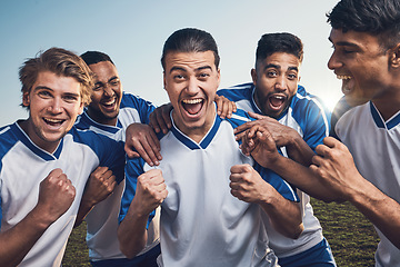 Image showing Winning, goal and soccer player with team in portrait, happiness and men play game with sports and celebration. Energy, action and competition with male athlete group, cheers and success on field