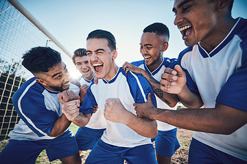 Image showing Winning, goal and soccer with team and achievement, men play game with sports and celebration on field. Energy, action and competition with male athlete group, cheers and happiness with success