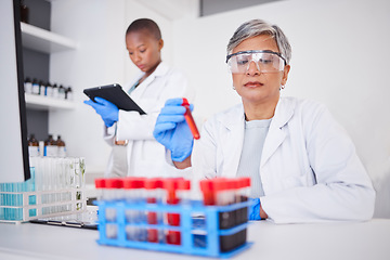 Image showing Science, blood and DNA with a doctor woman holding a laboratory sample for research or innovation. Healthcare, medical and study with a senior female scientist working in a lab for cure development