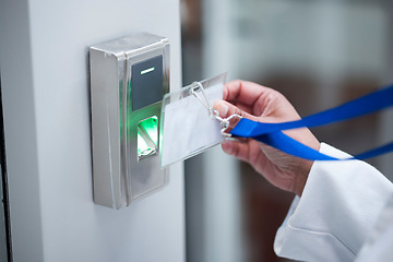 Image showing Hand, key card and fingerprint for security door, entrance or access control for safety in business, facility and property. Hands, electronic keys and laser scan, technology or secure laboratory lock