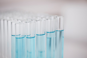 Image showing Test tube, blue chemical and closeup, chemistry and science study in lab, sample and medical research. Pharmaceutical, biotechnology and scientific experiment, glass container with liquid solution