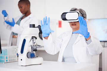 Image showing Scientist, woman and virtual reality, futuristic and science study with metaverse, medical research and investigation. Biotech, 3D and female doctor, digital world experience and VR goggles in lab