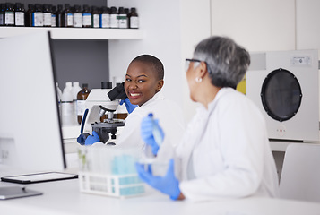 Image showing Science, talking and women with research, medical and planning with happiness, funny and future medicine. Female people, collaboration and scientists with discussion, conversation and lab equipment