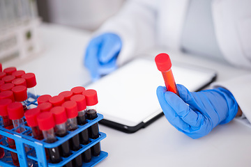 Image showing Blood, sample in tube and scientist hand, DNA and biology, medical research and science with person in lab. Health, drug test and analysis with doctor, scientific experiment and pharmaceutical study